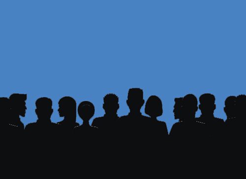 illustration - silhouette of crowd of people against blue background