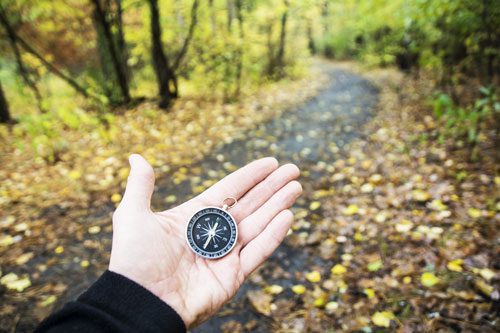 hand holding a compass on path
