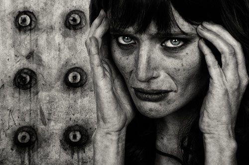 black and white image of high looking woman - meth addiction